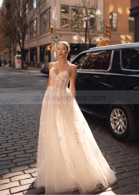 Spaghetti Straps Ivory Lace Tulle Airy Wedding Dress